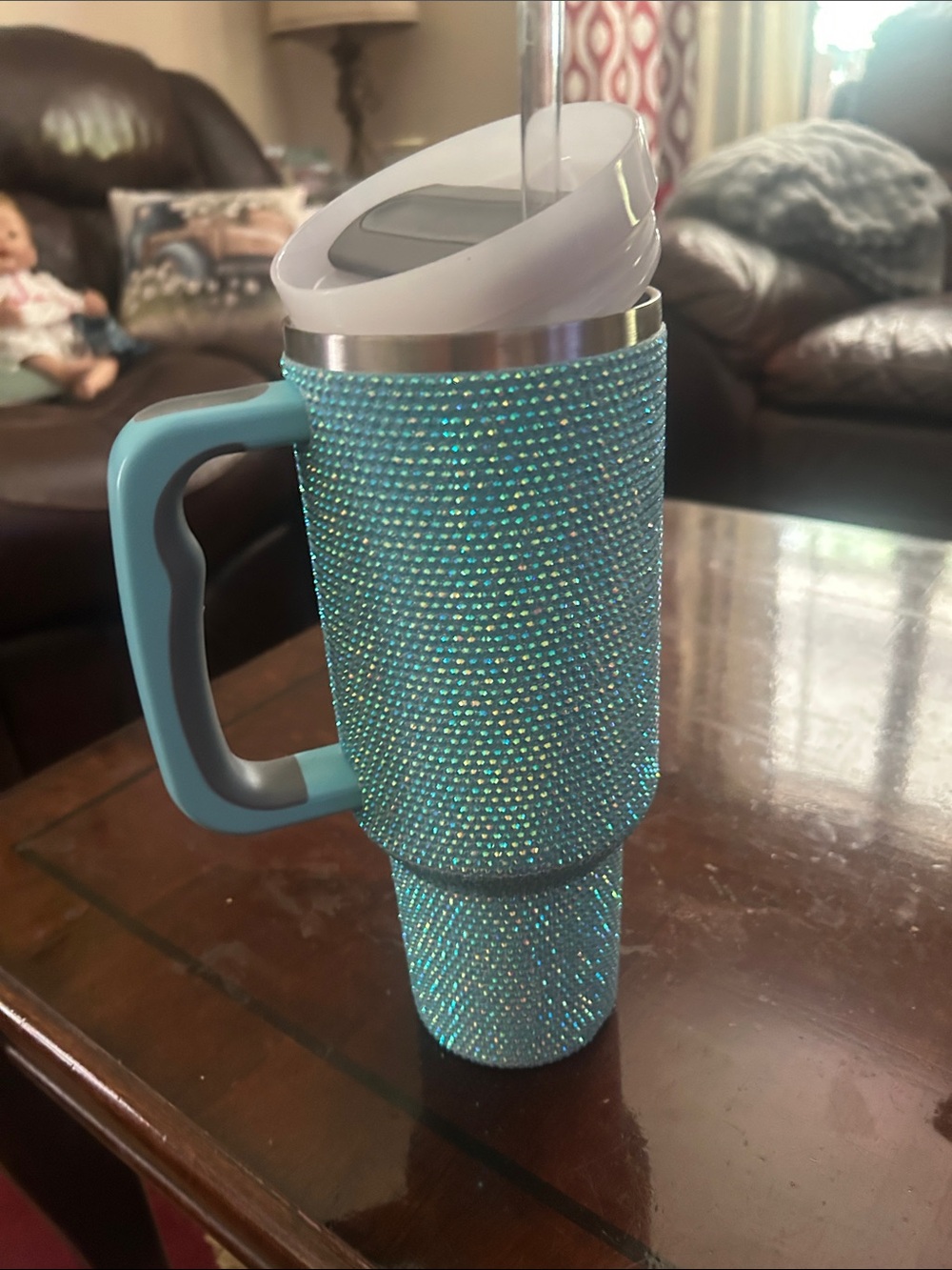 Sparkle Blue Rhinestone Insulated Travel Mug with Handle